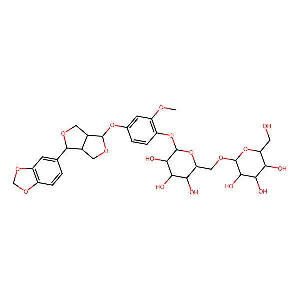 2D Structure of 2-[[6-[4-[[3-(1,3-Benzodioxol-5-yl)-1,3,3a,4,6,6a-hexahydrofuro[3,4-c]furan-6-yl]oxy]-2-methoxyphenoxy]-3,4,5-trihydroxyoxan-2-yl]methoxy]-6-(hydroxymethyl)oxane-3,4,5-triol