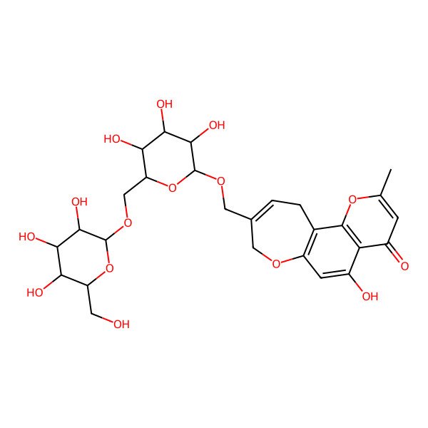 2D Structure of 5-hydroxy-2-methyl-9-[[(2R,3R,4S,5S,6R)-3,4,5-trihydroxy-6-[[(2R,3R,4S,5S,6R)-3,4,5-trihydroxy-6-(hydroxymethyl)oxan-2-yl]oxymethyl]oxan-2-yl]oxymethyl]-8,11-dihydropyrano[2,3-g][1]benzoxepin-4-one