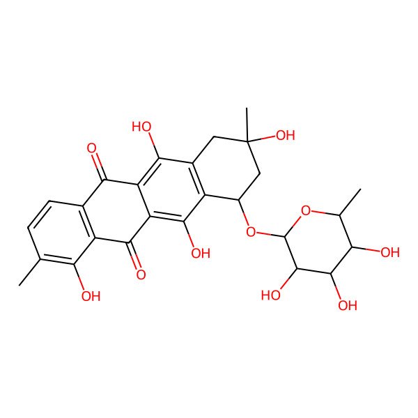 2D Structure of 4,6,9,11-tetrahydroxy-3,9-dimethyl-7-(3,4,5-trihydroxy-6-methyloxan-2-yl)oxy-8,10-dihydro-7H-tetracene-5,12-dione