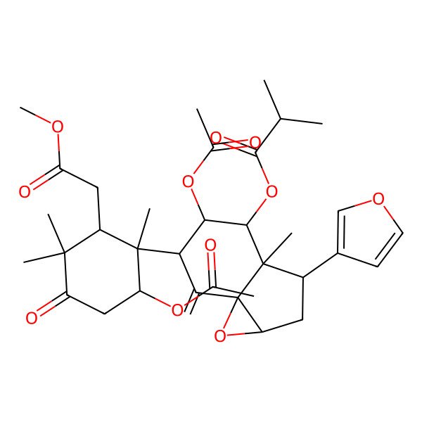 2D Structure of [(1aR,3S,3aR,4R,5R,6R,7aS)-5-acetyloxy-6-[(1S,2R,6R)-6-acetyloxy-2-(2-methoxy-2-oxoethyl)-1,3,3-trimethyl-4-oxocyclohexyl]-3-(furan-3-yl)-3a-methyl-7-methylidene-1a,2,3,4,5,6-hexahydroindeno[1,7a-b]oxiren-4-yl] 2-methylpropanoate
