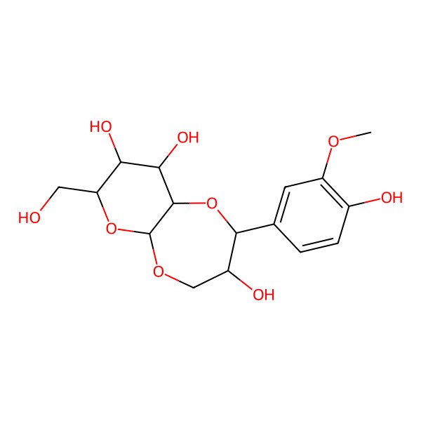 2D Structure of (2S,3R,5aR,7R,8S,9S,9aR)-2-(4-hydroxy-3-methoxyphenyl)-7-(hydroxymethyl)-2,3,4,5a,7,8,9,9a-octahydropyrano[2,3-b][1,4]dioxepine-3,8,9-triol