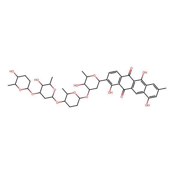 2D Structure of 1,6,10-trihydroxy-2-[(2S,4R,5S,6R)-5-hydroxy-4-[(2S,5S,6R)-5-[(2R,4R,5S,6R)-5-hydroxy-4-[(2S,5R,6S)-5-hydroxy-6-methyloxan-2-yl]oxy-6-methyloxan-2-yl]oxy-6-methyloxan-2-yl]oxy-6-methyloxan-2-yl]-8-methyltetracene-5,12-dione
