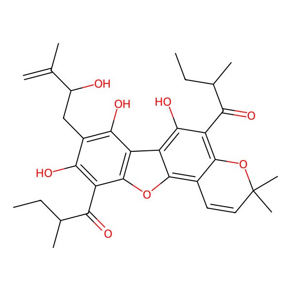2D Structure of (2S)-2-methyl-1-[6,7,9-trihydroxy-8-(2-hydroxy-3-methylbut-3-enyl)-3,3-dimethyl-5-[(2S)-2-methylbutanoyl]-[1]benzofuro[2,3-f]chromen-10-yl]butan-1-one