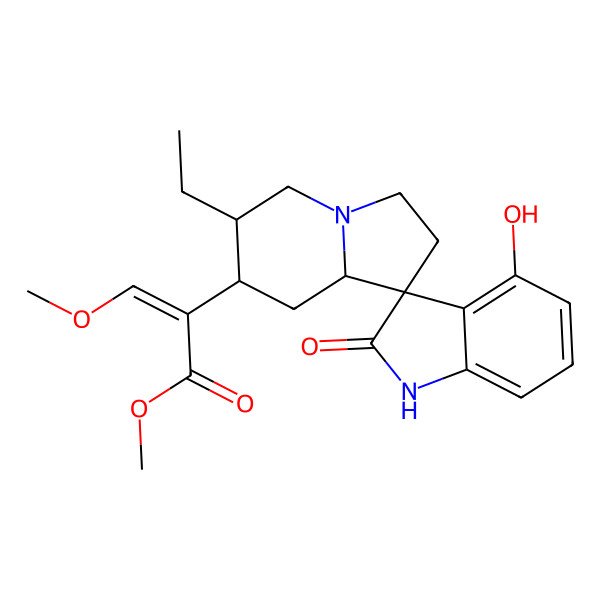2D Structure of methyl (Z)-2-[(3R,6'S,7'R,8'aS)-6'-ethyl-4-hydroxy-2-oxospiro[1H-indole-3,1'-3,5,6,7,8,8a-hexahydro-2H-indolizine]-7'-yl]-3-methoxyprop-2-enoate