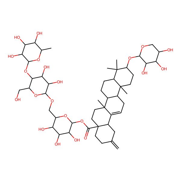 2D Structure of [(2S,3R,4S,5S,6R)-6-[[(2R,3R,4R,5S,6R)-3,4-dihydroxy-6-(hydroxymethyl)-5-[(2S,3R,4R,5R,6S)-3,4,5-trihydroxy-6-methyloxan-2-yl]oxyoxan-2-yl]oxymethyl]-3,4,5-trihydroxyoxan-2-yl] (4aS,6aS,6aS,6bR,8aR,10S,12aR,14bS)-6a,9,9,12a-tetramethyl-2-methylidene-10-[(2S,3R,4S,5S)-3,4,5-trihydroxyoxan-2-yl]oxy-3,4,5,6,6a,6b,7,8,8a,10,11,12,13,14b-tetradecahydro-1H-picene-4a-carboxylate