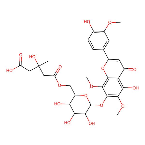 2D Structure of 7-[[6-O-(4-Carboxy-3-hydroxy-3-methyl-1-oxobutyl)-I(2)-D-glucopyranosyl]oxy]-5-hydroxy-2-(4-hydroxy-3-methoxyphenyl)-6,8-dimethoxy-4H-1-benzopyran-4-one