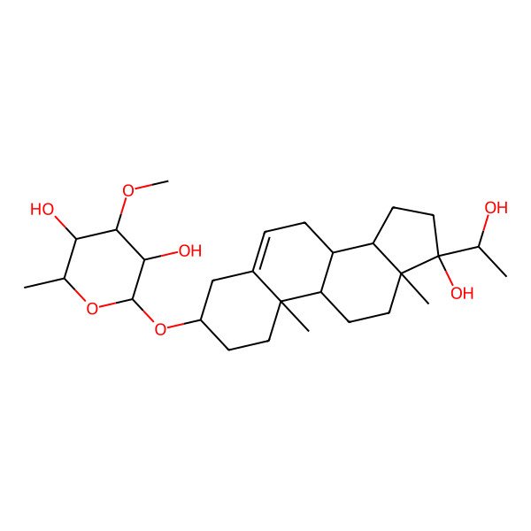 2D Structure of 2-[[17-Hydroxy-17-(1-hydroxyethyl)-10,13-dimethyl-1,2,3,4,7,8,9,11,12,14,15,16-dodecahydrocyclopenta[a]phenanthren-3-yl]oxy]-4-methoxy-6-methyloxane-3,5-diol