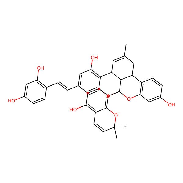 2D Structure of (1R,9S,13S,21R)-17-[(E)-2-(2,4-dihydroxyphenyl)ethenyl]-1-(5-hydroxy-2,2-dimethylchromen-8-yl)-11-methyl-2,20-dioxapentacyclo[11.7.1.03,8.09,21.014,19]henicosa-3(8),4,6,11,14,16,18-heptaene-5,15-diol
