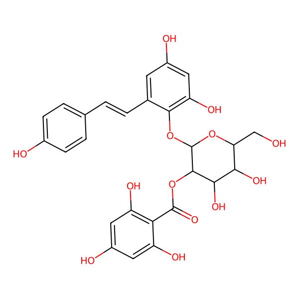 2D Structure of [2-[2,4-Dihydroxy-6-[2-(4-hydroxyphenyl)ethenyl]phenoxy]-4,5-dihydroxy-6-(hydroxymethyl)oxan-3-yl] 2,4,6-trihydroxybenzoate