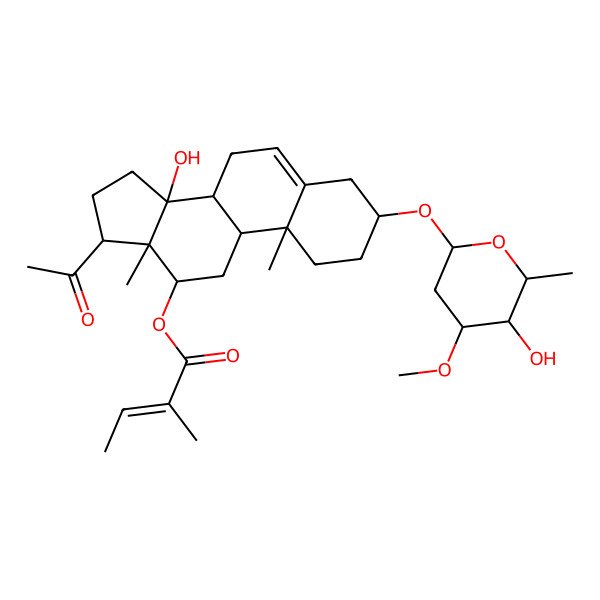 2D Structure of [(3S,8R,9S,10R,12R,13S,14S,17S)-17-acetyl-14-hydroxy-3-[(2R,4S,5R,6R)-5-hydroxy-4-methoxy-6-methyloxan-2-yl]oxy-10,13-dimethyl-1,2,3,4,7,8,9,11,12,15,16,17-dodecahydrocyclopenta[a]phenanthren-12-yl] (E)-2-methylbut-2-enoate