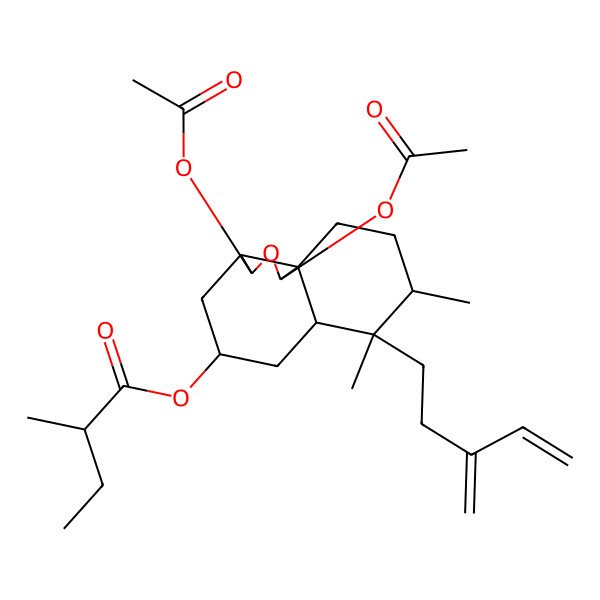 2D Structure of [(1R,3R,3aR,5R,6aS,7R,8R,10aS)-1,3-diacetyloxy-7,8-dimethyl-7-(3-methylidenepent-4-enyl)-1,3,3a,4,5,6,6a,8,9,10-decahydrobenzo[d][2]benzofuran-5-yl] (2R)-2-methylbutanoate