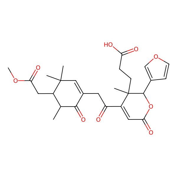 2D Structure of 3-[(2R,3R)-2-(furan-3-yl)-4-[2-[(4R,5R)-4-(2-methoxy-2-oxoethyl)-3,3,5-trimethyl-6-oxocyclohexen-1-yl]acetyl]-3-methyl-6-oxo-2H-pyran-3-yl]propanoic acid
