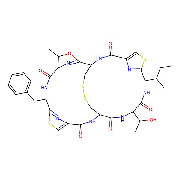2D Structure of (1R,4R,5S,8R,15R,18S,21R)-8-benzyl-21-[(2R)-butan-2-yl]-18-[(1R)-1-hydroxyethyl]-4-methyl-3-oxa-10,23,29,30-tetrathia-7,14,17,20,27,32,33,34-octazapentacyclo[13.12.4.12,5.19,12.122,25]tetratriaconta-2(34),9(33),11,22(32),24-pentaene-6,13,16,19,26-pentone