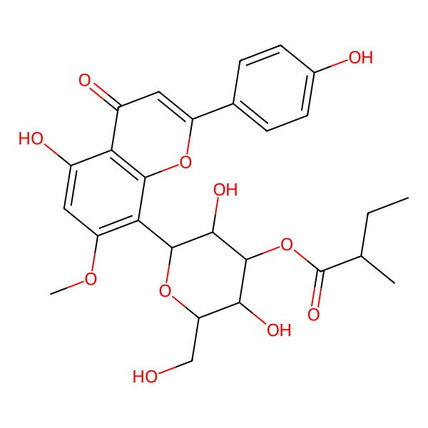 2D Structure of [(2S,3R,4R,5R,6S)-3,5-dihydroxy-2-[5-hydroxy-2-(4-hydroxyphenyl)-7-methoxy-4-oxochromen-8-yl]-6-(hydroxymethyl)oxan-4-yl] (2R)-2-methylbutanoate
