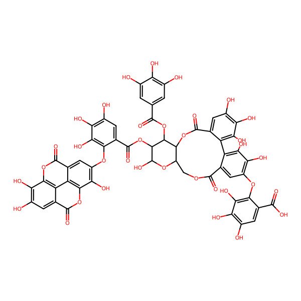 2D Structure of 2-[[(10R,11S,12R,13R,15R)-3,4,5,13,22,23-hexahydroxy-8,18-dioxo-11-(3,4,5-trihydroxybenzoyl)oxy-12-[3,4,5-trihydroxy-2-[(7,13,14-trihydroxy-3,10-dioxo-2,9-dioxatetracyclo[6.6.2.04,16.011,15]hexadeca-1(15),4,6,8(16),11,13-hexaen-6-yl)oxy]benzoyl]oxy-9,14,17-trioxatetracyclo[17.4.0.02,7.010,15]tricosa-1(23),2,4,6,19,21-hexaen-21-yl]oxy]-3,4,5-trihydroxybenzoic acid