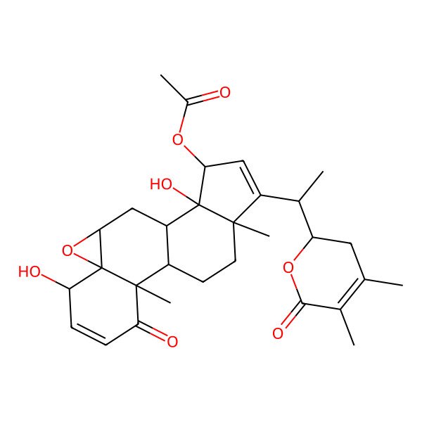 2D Structure of [15-[1-(4,5-Dimethyl-6-oxo-2,3-dihydropyran-2-yl)ethyl]-6,12-dihydroxy-2,16-dimethyl-3-oxo-8-oxapentacyclo[9.7.0.02,7.07,9.012,16]octadeca-4,14-dien-13-yl] acetate