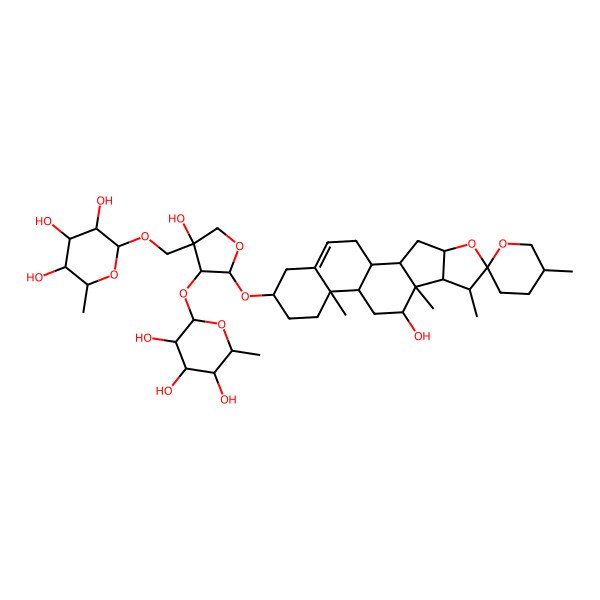 2D Structure of 2-[[3-Hydroxy-5-(10-hydroxy-5',7,9,13-tetramethylspiro[5-oxapentacyclo[10.8.0.02,9.04,8.013,18]icos-18-ene-6,2'-oxane]-16-yl)oxy-4-(3,4,5-trihydroxy-6-methyloxan-2-yl)oxyoxolan-3-yl]methoxy]-6-methyloxane-3,4,5-triol