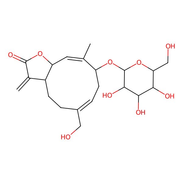2D Structure of 6-(Hydroxymethyl)-10-methyl-3-methylidene-9-[3,4,5-trihydroxy-6-(hydroxymethyl)oxan-2-yl]oxy-3a,4,5,8,9,11a-hexahydrocyclodeca[b]furan-2-one