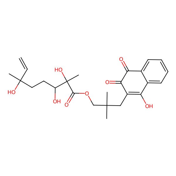 2D Structure of [3-(1-Hydroxy-3,4-dioxonaphthalen-2-yl)-2,2-dimethylpropyl] 2,3,6-trihydroxy-2,6-dimethyloct-7-enoate