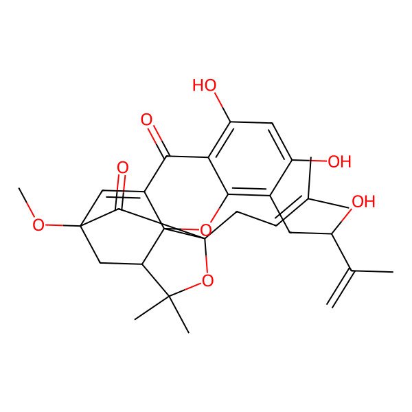 2D Structure of 6,8-Dihydroxy-5-(2-hydroxy-3-methylbut-3-enyl)-13-methoxy-17,17-dimethyl-15-(3-methylbut-2-enyl)-3,16-dioxapentacyclo[11.4.1.02,11.02,15.04,9]octadeca-4,6,8,11-tetraene-10,14-dione