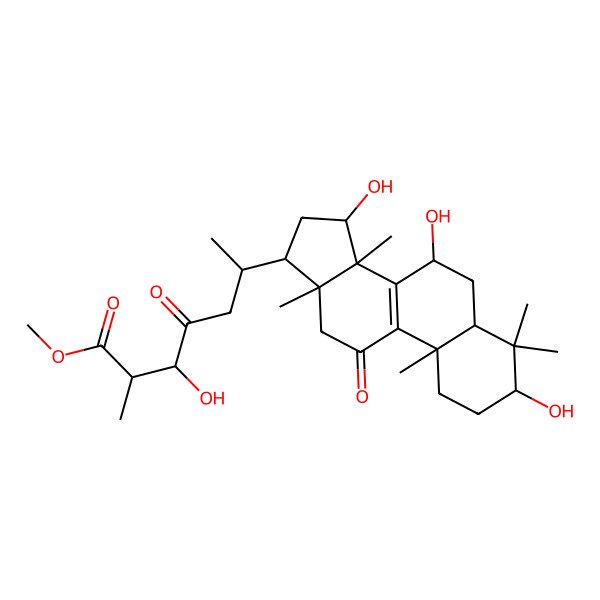 2D Structure of Methyl 3-hydroxy-2-methyl-4-oxo-6-(3,7,15-trihydroxy-4,4,10,13,14-pentamethyl-11-oxo-1,2,3,5,6,7,12,15,16,17-decahydrocyclopenta[a]phenanthren-17-yl)heptanoate