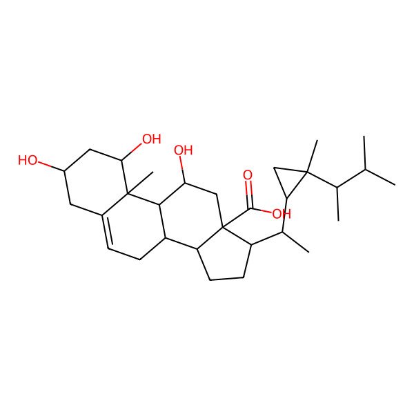 2D Structure of 1,3,11-trihydroxy-10-methyl-17-[1-[2-methyl-2-(3-methylbutan-2-yl)cyclopropyl]ethyl]-2,3,4,7,8,9,11,12,14,15,16,17-dodecahydro-1H-cyclopenta[a]phenanthrene-13-carboxylic acid