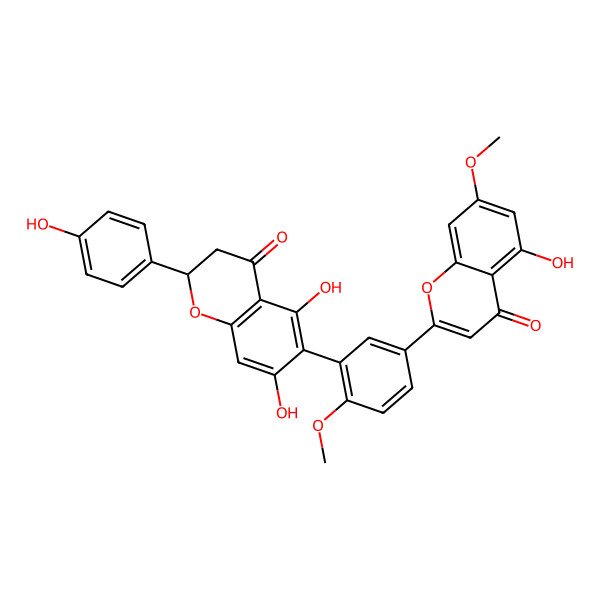 2D Structure of 2-[3-[(2S)-5,7-dihydroxy-2-(4-hydroxyphenyl)-4-oxo-2,3-dihydrochromen-6-yl]-4-methoxyphenyl]-5-hydroxy-7-methoxychromen-4-one