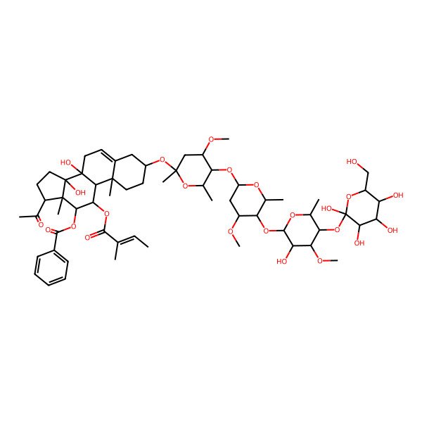 2D Structure of [(3S,8S,10R,11S,12S,13S,14R,17R)-17-acetyl-8,14-dihydroxy-3-[5-[5-[3-hydroxy-4-methoxy-6-methyl-5-[(2R,3S,5S)-2,3,4,5-tetrahydroxy-6-(hydroxymethyl)oxan-2-yl]oxyoxan-2-yl]oxy-4-methoxy-6-methyloxan-2-yl]oxy-4-methoxy-2,6-dimethyloxan-2-yl]oxy-10,13-dimethyl-11-[(Z)-2-methylbut-2-enoyl]oxy-2,3,4,7,9,11,12,15,16,17-decahydro-1H-cyclopenta[a]phenanthren-12-yl] benzoate