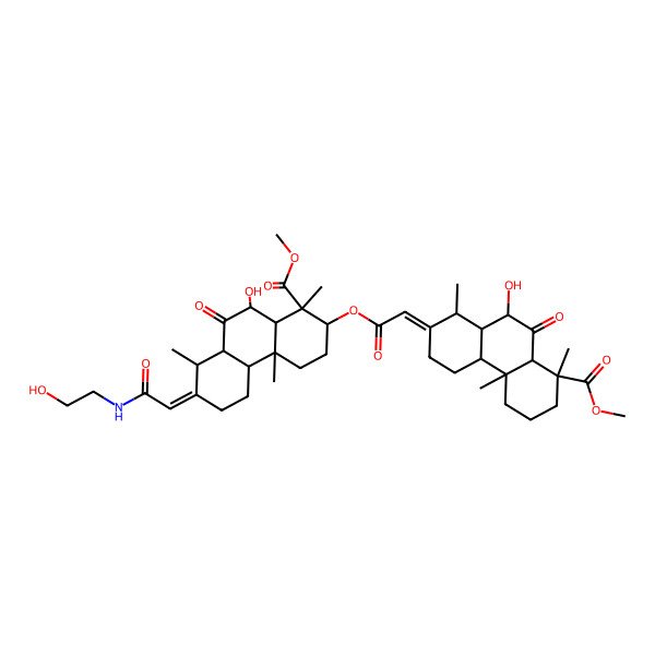 2D Structure of Methyl 10-hydroxy-7-[2-(2-hydroxyethylamino)-2-oxoethylidene]-2-[2-(10-hydroxy-8-methoxycarbonyl-1,4b,8-trimethyl-9-oxo-1,3,4,4a,5,6,7,8a,10,10a-decahydrophenanthren-2-ylidene)acetyl]oxy-1,4a,8-trimethyl-9-oxo-2,3,4,4b,5,6,8,8a,10,10a-decahydrophenanthrene-1-carboxylate