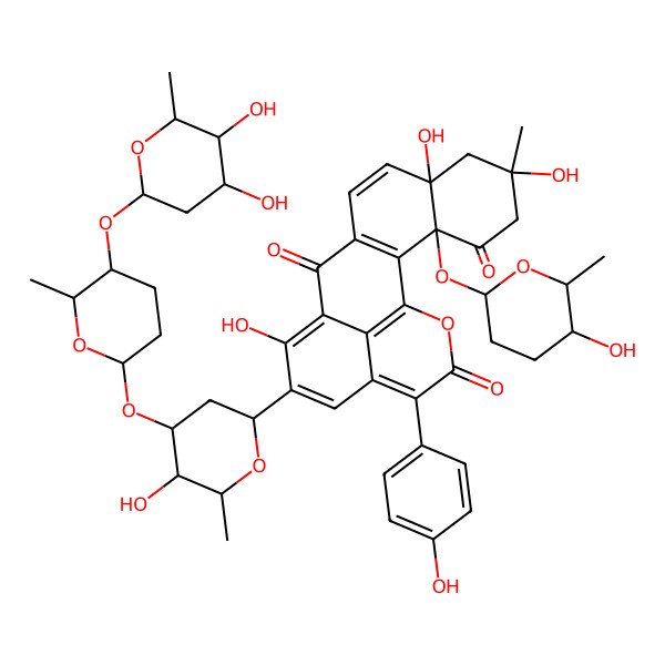 2D Structure of (3S,6R,8R)-15-[(4R,5R,6R)-4-[(2S,5S,6S)-5-[(2S,4R,5S,6R)-4,5-dihydroxy-6-methyloxan-2-yl]oxy-6-methyloxan-2-yl]oxy-5-hydroxy-6-methyloxan-2-yl]-6,8,14-trihydroxy-3-[(2S,5S,6R)-5-hydroxy-6-methyloxan-2-yl]oxy-18-(4-hydroxyphenyl)-6-methyl-20-oxapentacyclo[11.7.1.02,11.03,8.017,21]henicosa-1(21),2(11),9,13,15,17-hexaene-4,12,19-trione