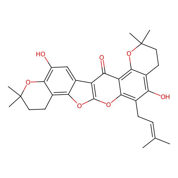 2D Structure of 10,23-Dihydroxy-6,6,20,20-tetramethyl-11-(3-methylbut-2-enyl)-5,13,15,21-tetraoxahexacyclo[12.11.0.03,12.04,9.016,25.017,22]pentacosa-1(14),3,9,11,16,22,24-heptaen-2-one