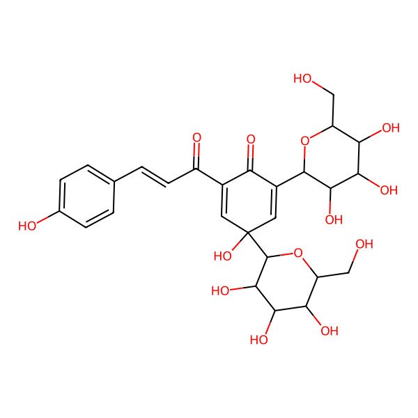 2D Structure of (4R)-4-hydroxy-2-[(E)-3-(4-hydroxyphenyl)prop-2-enoyl]-4,6-bis[(2S,3R,4R,5S,6R)-3,4,5-trihydroxy-6-(hydroxymethyl)oxan-2-yl]cyclohexa-2,5-dien-1-one