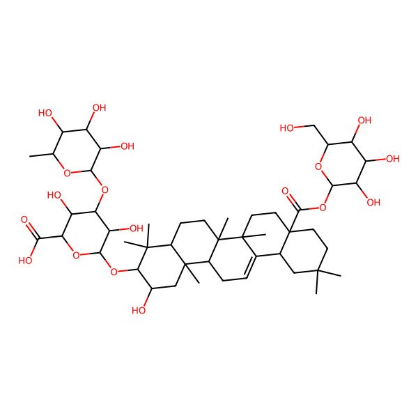 2D Structure of beta-D-Glucopyranosiduronic acid, (2beta,3beta)-28-(beta-D-glucopyranosyloxy)-2-hydroxy-28-oxoolean-12-en-3-yl 3-O-(6-deoxy-alpha-L-mannopyranosyl)- 2D Structure of beta-D-Glucopyranosiduronic acid, (2beta,3beta)-28-(beta-D-glucopyranosyloxy)-2-hydroxy-28-oxoolean-12-en-3-yl 3-O-(6-deoxy-alpha-L-mannopyranosyl)-