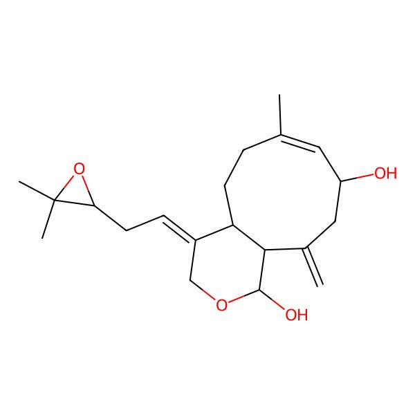 2D Structure of 4-[2-(3,3-dimethyloxiran-2-yl)ethylidene]-7-methyl-11-methylidene-4a,5,6,9,10,11a-hexahydro-1H-cyclonona[c]pyran-1,9-diol