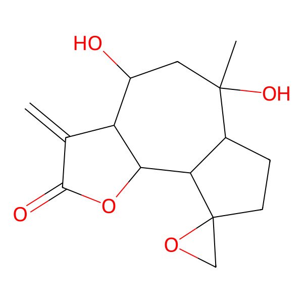 2D Structure of (3aR,4S,6R,6aR,9R,9aS,9bR)-4,6-dihydroxy-6-methyl-3-methylidenespiro[3a,4,5,6a,7,8,9a,9b-octahydroazuleno[4,5-b]furan-9,2'-oxirane]-2-one
