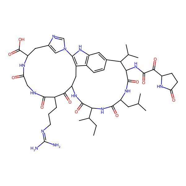 2D Structure of (10S,16S,21S,24S,27S,28R)-21-butan-2-yl-16-[3-(diaminomethylideneamino)propyl]-24-(2-methylpropyl)-12,15,17,20,23,26-hexaoxo-27-[[2-oxo-2-[(2S)-5-oxopyrrolidin-2-yl]acetyl]amino]-28-propan-2-yl-3,5,7,11,14,19,22,25-octazapentacyclo[16.13.2.12,29.15,8.04,32]pentatriaconta-1,4(32),6,8(35),29(34),30-hexaene-10-carboxylic acid