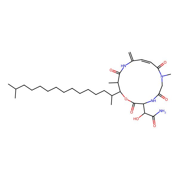 2D Structure of (2R)-2-[(3S,9E,14R,15R)-7,14-dimethyl-11-methylidene-15-[(2R)-14-methylpentadecan-2-yl]-2,5,8,13-tetraoxo-1-oxa-4,7,12-triazacyclopentadec-9-en-3-yl]-2-hydroxyacetamide