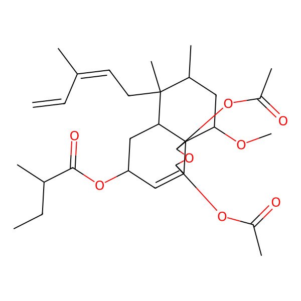 2D Structure of [(5R,6aS,7R,8R,10S,10aS)-1,3-diacetyloxy-10-methoxy-7,8-dimethyl-7-[(2E)-3-methylpenta-2,4-dienyl]-1,3,5,6,6a,8,9,10-octahydrobenzo[d][2]benzofuran-5-yl] 2-methylbutanoate