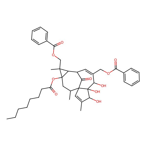 2D Structure of [11-(Benzoyloxymethyl)-4,5,6-trihydroxy-3,11,14-trimethyl-12-octanoyloxy-15-oxo-7-tetracyclo[7.5.1.01,5.010,12]pentadeca-2,7-dienyl]methyl benzoate