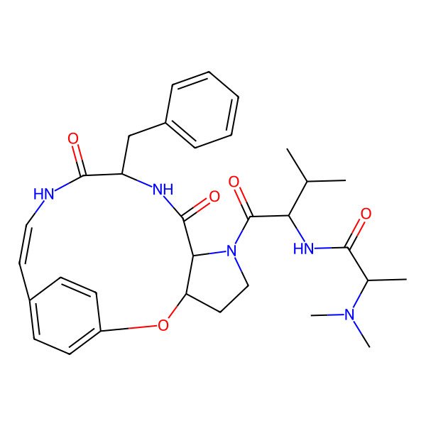 2D Structure of N-[1-(10-benzyl-8,11-dioxo-2-oxa-6,9,12-triazatricyclo[13.2.2.03,7]nonadeca-1(17),13,15,18-tetraen-6-yl)-3-methyl-1-oxobutan-2-yl]-2-(dimethylamino)propanamide
