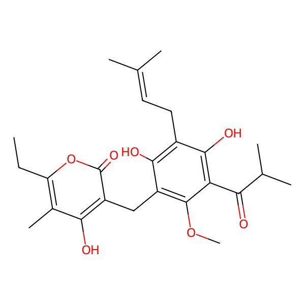 2D Structure of 3-[[2,4-Dihydroxy-6-methoxy-3-(3-methyl-2-butenyl)-5-(2-methyl-1-oxopropyl)phenyl]-methyl]-6-ethyl-4-hydroxy-5-methyl-2 h-pyran-2-one