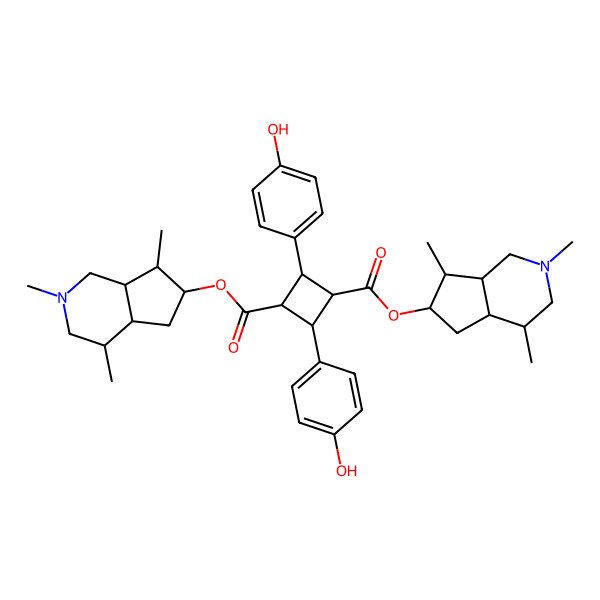 2D Structure of bis[(4R,4aS,6R,7S,7aR)-2,4,7-trimethyl-1,3,4,4a,5,6,7,7a-octahydrocyclopenta[c]pyridin-6-yl] 2,4-bis(4-hydroxyphenyl)cyclobutane-1,3-dicarboxylate