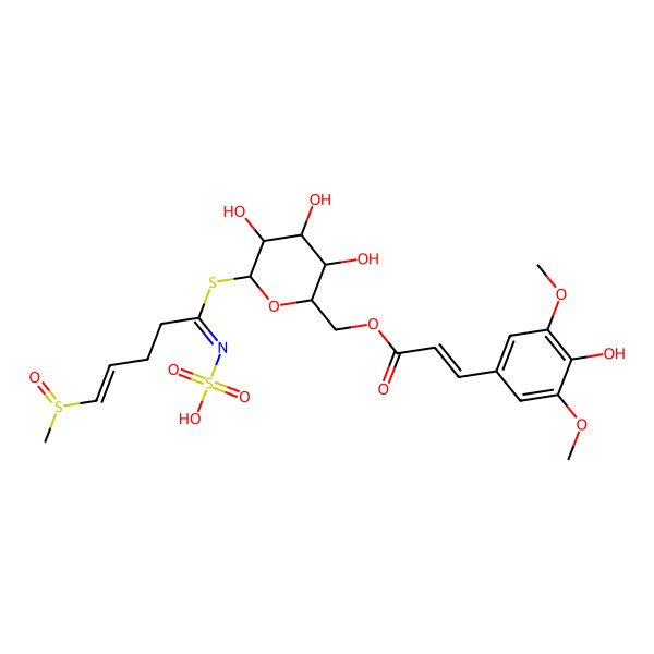 2D Structure of 6-O-[(2E)-3-(4-hydroxy-3,5-dimethoxyphenyl)prop-2-enoyl]-1-S-[(1Z)-5-(methanesulfinyl)-N-sulfopent-4-enimidoyl]-1-thio-beta-D-glucopyranose