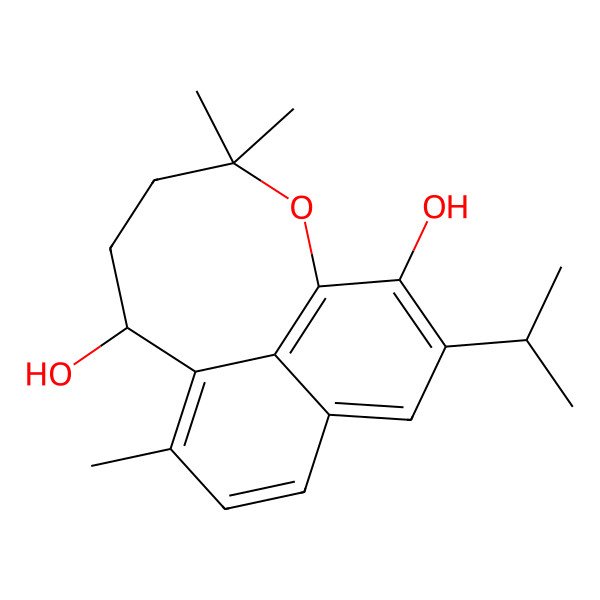 2D Structure of 2,11,11-Trimethyl-7-propan-2-yl-10-oxatricyclo[7.5.1.05,15]pentadeca-1,3,5,7,9(15)-pentaene-8,14-diol