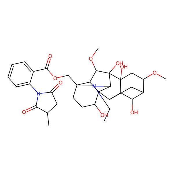 2D Structure of [(1S,2R,3R,4S,5S,6S,8R,9S,10S,13S,16S,17R,18S)-11-ethyl-4,8,9,16-tetrahydroxy-6,18-dimethoxy-11-azahexacyclo[7.7.2.12,5.01,10.03,8.013,17]nonadecan-13-yl]methyl 2-[(3S)-3-methyl-2,5-dioxopyrrolidin-1-yl]benzoate