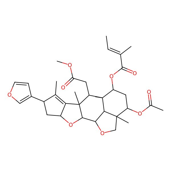 2D Structure of [(1R,2S,4S,6R,9R,10R,11R,12S,14R,15R,18R)-14-acetyloxy-6-(furan-3-yl)-10-(2-methoxy-2-oxoethyl)-7,9,11,15-tetramethyl-3,17-dioxapentacyclo[9.6.1.02,9.04,8.015,18]octadec-7-en-12-yl] (E)-2-methylbut-2-enoate