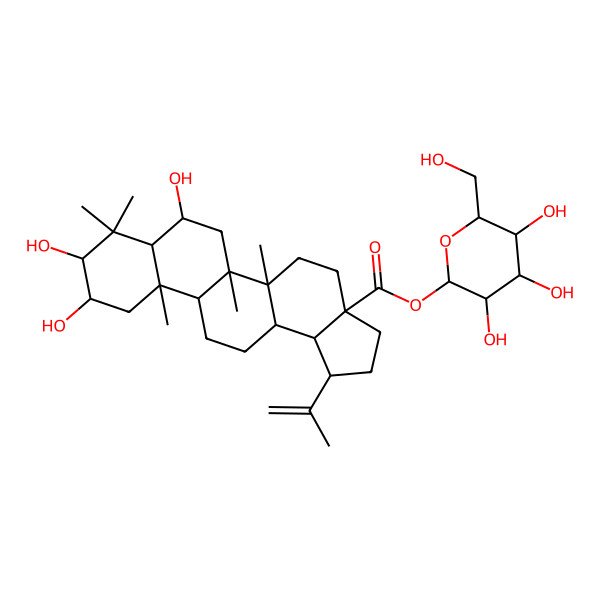 2D Structure of [(2S,3R,4S,5S,6R)-3,4,5-trihydroxy-6-(hydroxymethyl)oxan-2-yl] (1R,3aS,5aR,5bR,7R,7aR,9R,10R,11aR,11bR,13aR,13bS)-7,9,10-trihydroxy-5a,5b,8,8,11a-pentamethyl-1-prop-1-en-2-yl-1,2,3,4,5,6,7,7a,9,10,11,11b,12,13,13a,13b-hexadecahydrocyclopenta[a]chrysene-3a-carboxylate