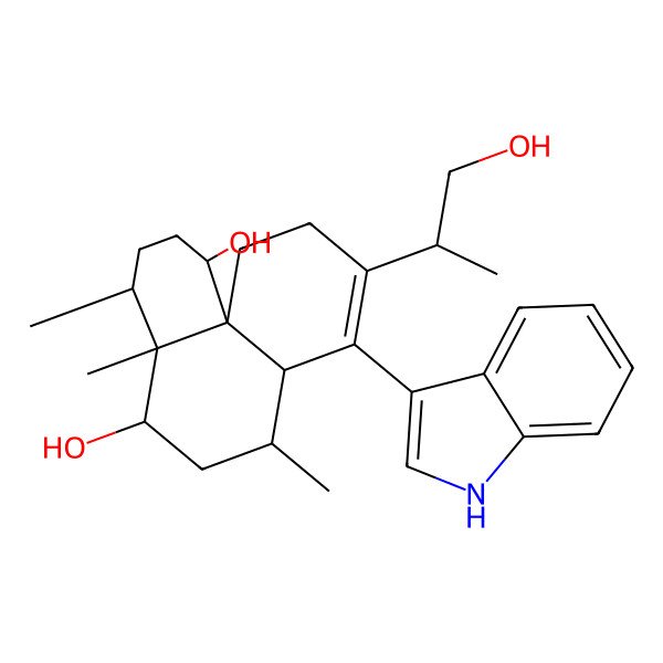2D Structure of 1H-Benzo(D)naphthalene-1,5-diol, 2,3,4,4A,5,6,7,7A,10,11-decahydro-9-(2-hydroxy-1-methylethyl)-8-(1H-indol-3-YL)-4,4A,7-trimethyl-, (1alpha,4alpha,4Aalpha,5beta,7alpha,7Abeta,9(R*),11AR*)-