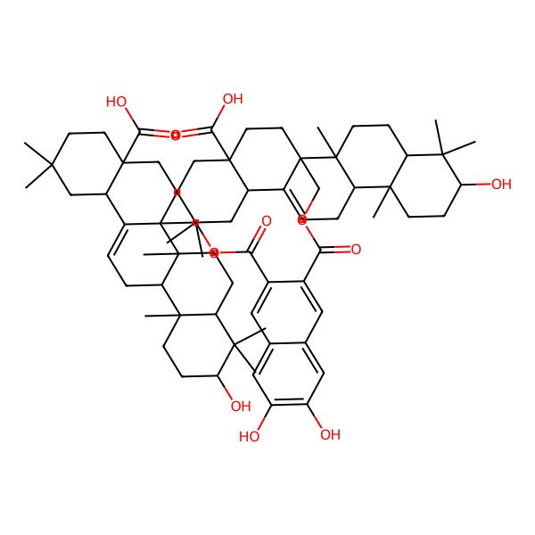 2D Structure of (4aS,6aR,6aR,6bR,8aR,10S,12aR,14bS)-6a-[[3-[[(4aS,6aR,6aR,6bR,8aR,10S,12aR,14bS)-4a-carboxy-10-hydroxy-2,2,6b,9,9,12a-hexamethyl-1,3,4,5,6,6a,7,8,8a,10,11,12,13,14b-tetradecahydropicen-6a-yl]methoxycarbonyl]-6,7-dihydroxynaphthalene-2-carbonyl]oxymethyl]-10-hydroxy-2,2,6b,9,9,12a-hexamethyl-1,3,4,5,6,6a,7,8,8a,10,11,12,13,14b-tetradecahydropicene-4a-carboxylic acid