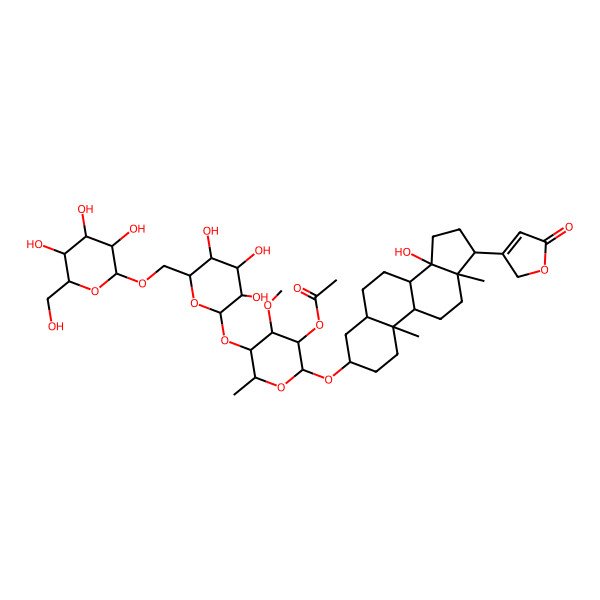 2D Structure of [(2S,3S,4S,5S,6S)-2-[[(3S,5R,8S,9R,10S,13R,14S,17R)-14-hydroxy-10,13-dimethyl-17-(5-oxo-2H-furan-3-yl)-1,2,3,4,5,6,7,8,9,11,12,15,16,17-tetradecahydrocyclopenta[a]phenanthren-3-yl]oxy]-4-methoxy-6-methyl-5-[(2S,3S,4S,5S,6S)-3,4,5-trihydroxy-6-[[(2R,3S,4S,5S,6S)-3,4,5-trihydroxy-6-(hydroxymethyl)oxan-2-yl]oxymethyl]oxan-2-yl]oxyoxan-3-yl] acetate